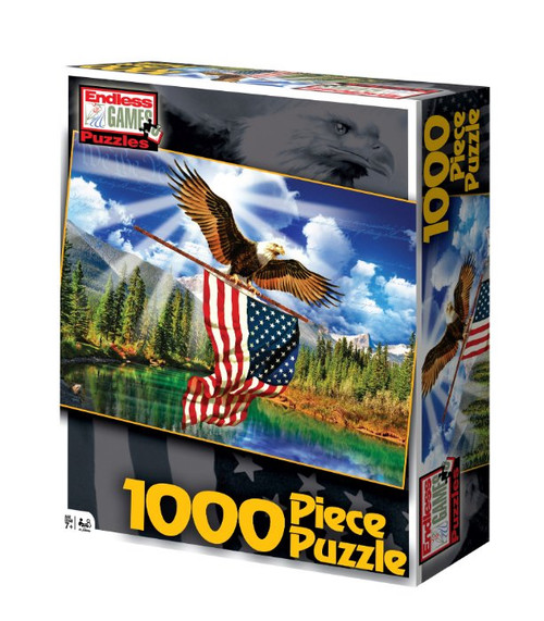 The Patriot 1000pc front of puzzle box depicting an Eagle carrying a flag across a lake surrounded by evergreens 