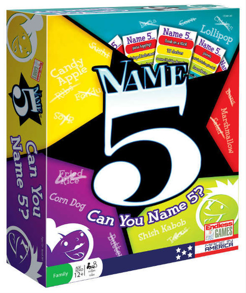 Name Five front cover of game box, bright colored corners with a big white 5 in the center