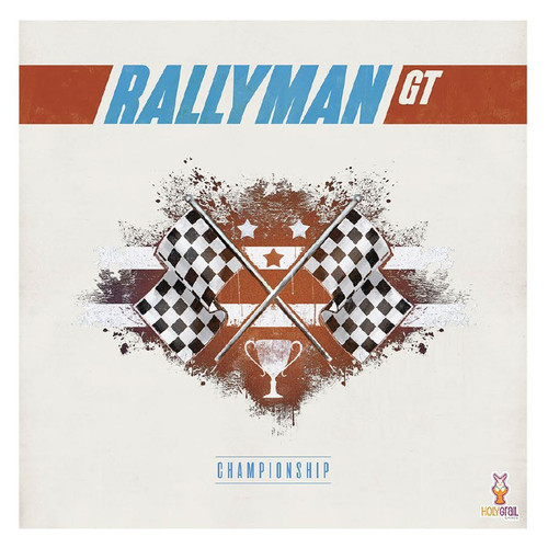 Rallyman: GT - Championship (Expansion), red back ground with black and white checkered flags and a trophy 