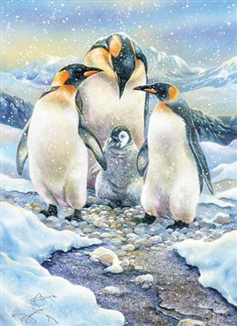 3 grown penguins and one little guy in the middle 