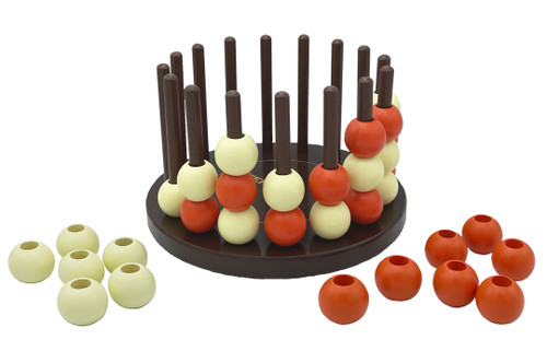 Wooden circle of pegs with white and red wooden beads 