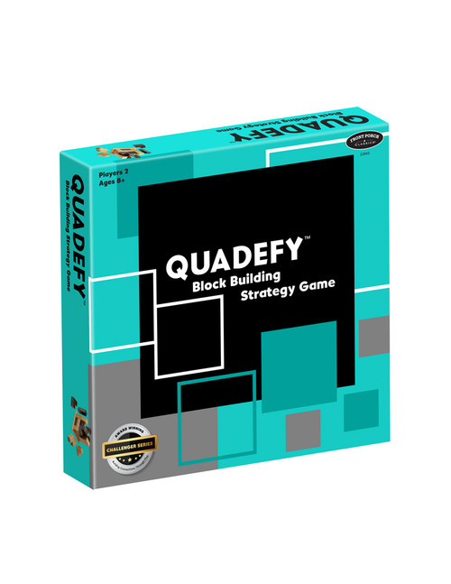 Quadefy Classic (Wooden Pieces), bright teal box with big black square and title text in white