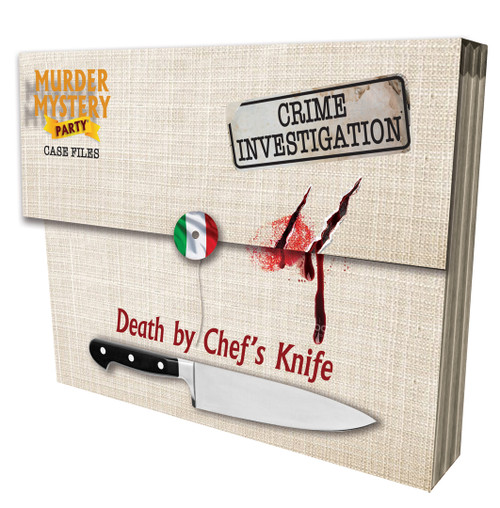 Death by Chef's Knife—Murder Mystery Party Case Files, front cover of product appearing like a case file with a chef knight on the front