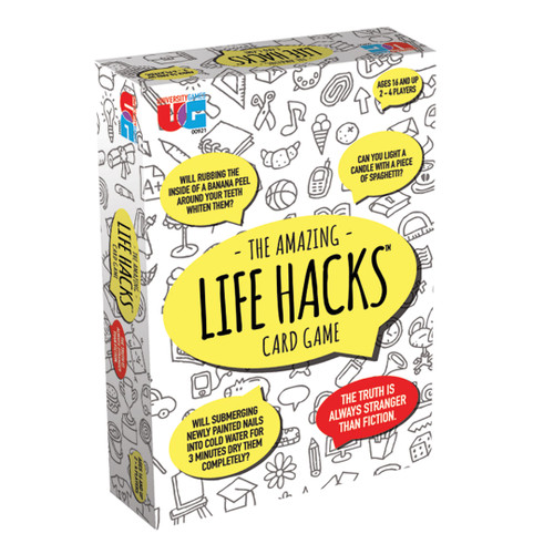 Life Hacks Card Game front cover of white box with yellow speech bubbles 