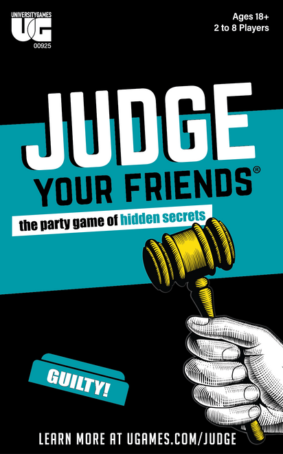 Close up of the Front cover of product, black and teal box with a gavel 
