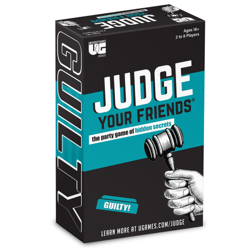 Judge Your Friends, Adult Party Game front cover of product, black and teal box with a gavel 