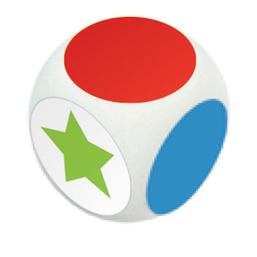 a rounded dice with a red side, a blue side, and a green star side visable 