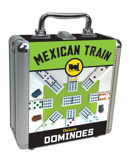 Mexican Train Dominoes—Silver Deluxe Case, latch and handle with green label  