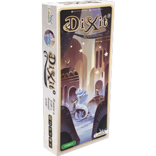 Dixit: Revelations, white box  a blue hued character in the middle of a star filled city 