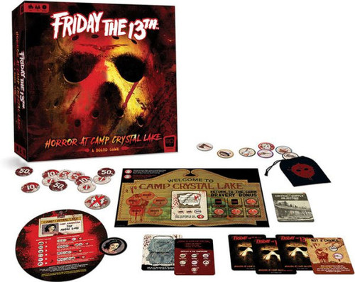 Friday the 13th: Horror at Camp Crystal  game components cards, game board, and token bag