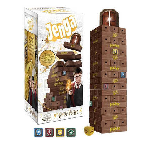 Jenga: Harry Potter. brown blocks with yellow logos and a door at the top