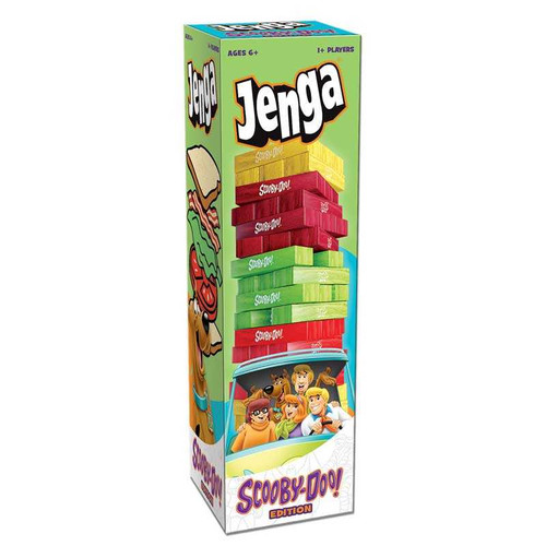 Jenga: Scooby Doo  in packaging, green box with bright yellow, red and green boxes 