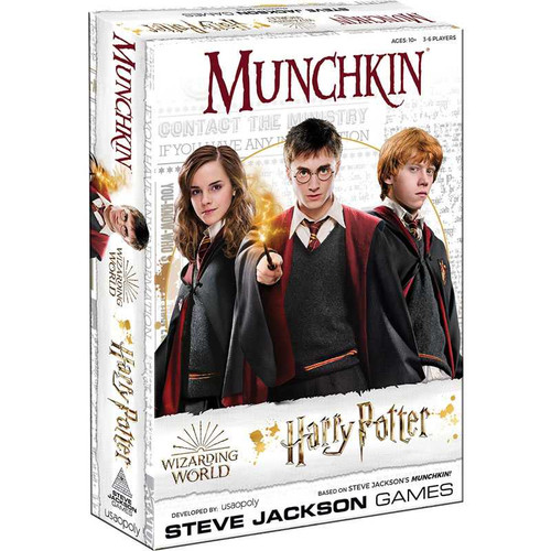 Munchkin Harry Potter front of game box featuring Harry Potter with his wand out, flanked but Ron and Hermione  