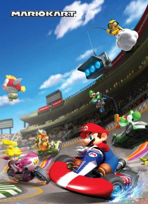 Close up of Mario Kart rounding the corner of the race track