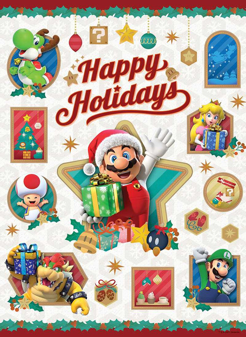 Super Mario: Happy Holidays featuring Mario in a Santa hat with a present and other characters with gifts