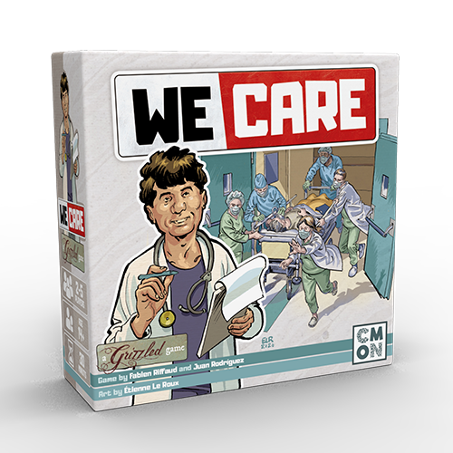 We Care - A Grizzled Game front cover of produce featuring a person in a white coat and someone being rushed into surgery  