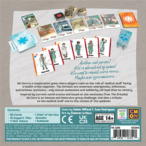 We Care - A Grizzled Game back of box featuring sample cards, list of content, and flavor text