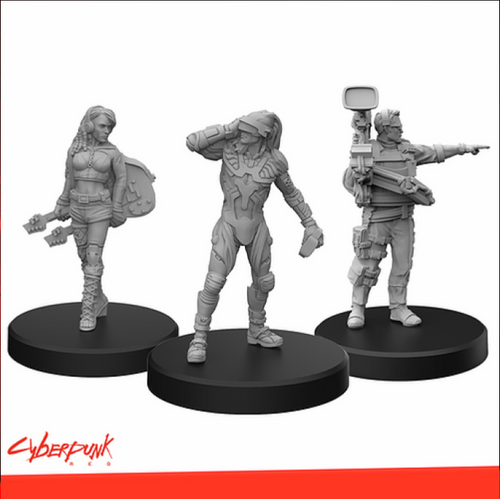 unpainted miniatures of Cyberpunk Red Miniatures: Edgerunners C: Rocker, Net, Media 