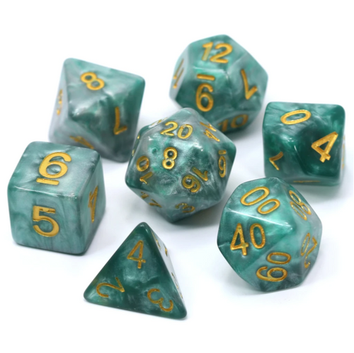 Serpentine Dice Set, blue/grey/ green dice with gold numbers 