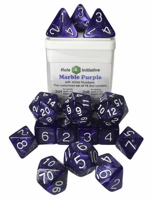 Purple Marble Dice (Set of 15) A dark purple dice with white numbers stacked around it's packaging