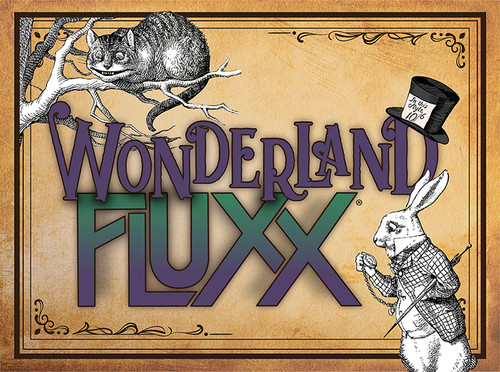 Wonderland Fluxx front cover of product featuring a rabbit, a cat, and a top hat