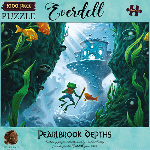 Everdell Pearlbrook Depths puzzle front in a blue box with a frog with a staff and goldfish looking at a underwater palace