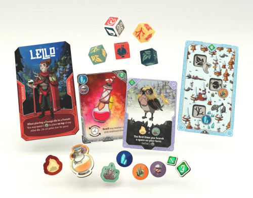game components various cards and tokens, and dice 