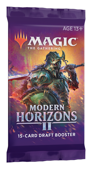 Close up of Draft Booster, Modern Horizons 2—Magic the Gathering (Allocated) purple packaging with a green nonhuman  knight