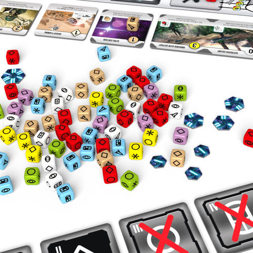 Close up of components including dice