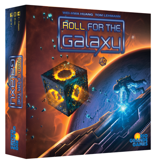 Roll for the Galaxy front cover of product depicting a cube glowing from within, in outer space, with an astronaut working on a ship  