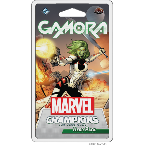 Gamora Hero Pack—Marvel Champions front of product featuring Gamora in the middle of spider robot attack with sword and blaster 