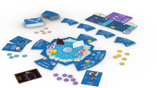 Game set up featuring cards, tokens, a wolf and fence, as well as a score tracker