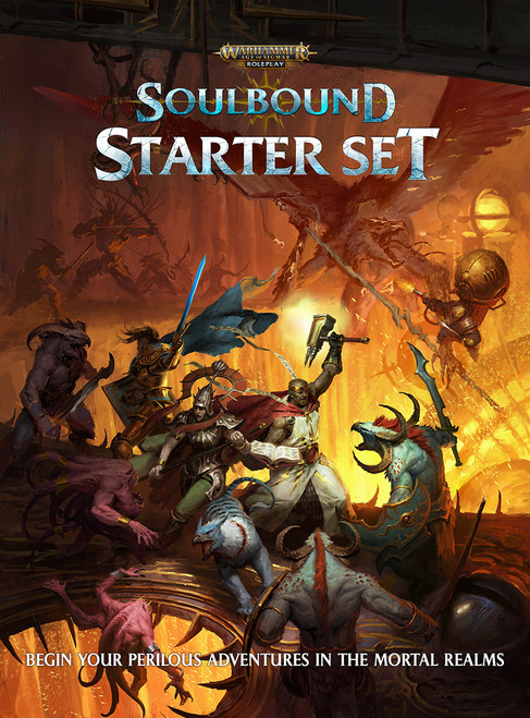 Warhammer Age of Sigmar RPG—Soulbound Starter- a battle scene with a fighter party and a dragon with lava under a bridge 