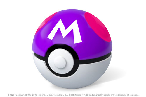 purple Pokémon ball  with a white M on it and red 