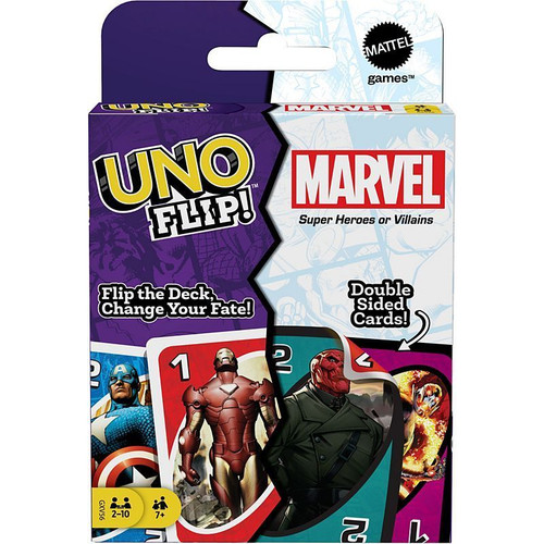 Front of packaging of Uno Flip Marvel featuring Avengers and primary colors and Villains' and secondary colors 