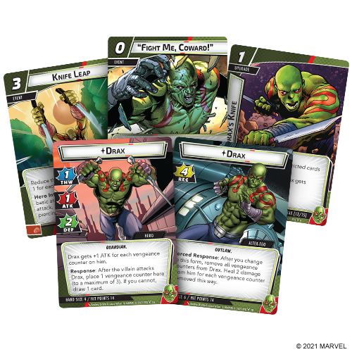 Sample cards of Drax Hero Pack—Marvel Champions