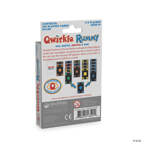 Qwirkle Rummy—Color Blind Friendly back of packaging, featuring sample cards, black with bright colors and shapes