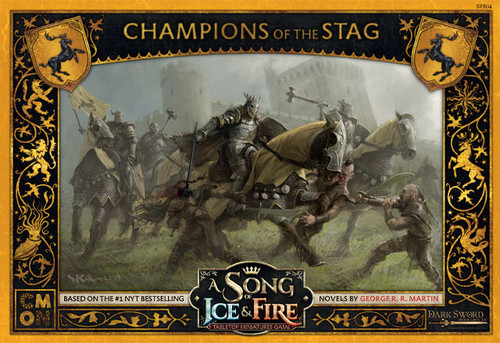 Baratheon Champions of the Stag—A Song of Ice & Fire front of package featuring fighters with the stag family crest 
