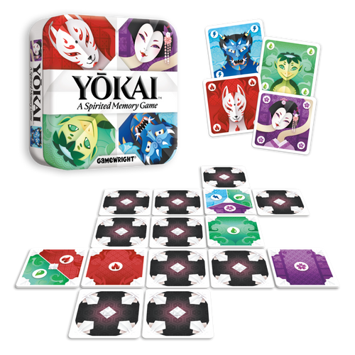 Front of package and red, purple, green, blue tiles with black and white backs