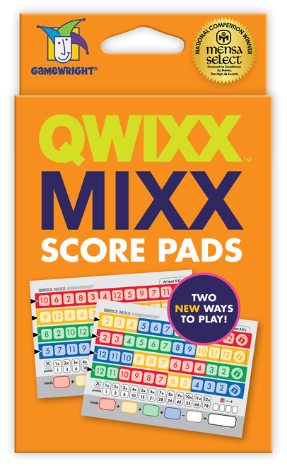 Qwixx Mixx score pads (expansion), front of an orange package with score pad depicted 