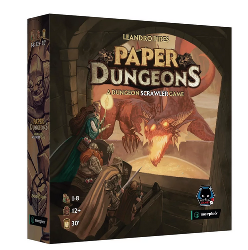 Paper Dungeons- a dungeon Scrawler game cover of product depicting a red dragon and a group of fighters