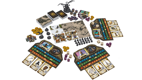 Destinies- game components, dice, tokens, map and more in a sample set up