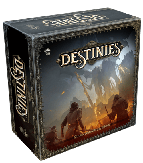 Destinies front cover depicting 3 characters looking at a weapon wielding boss monster