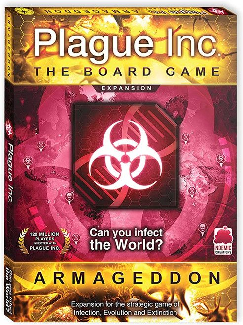  Plague Inc: Armageddon  front cover, depicting a hazard symbol over a strand of DNA, Yellow and red box