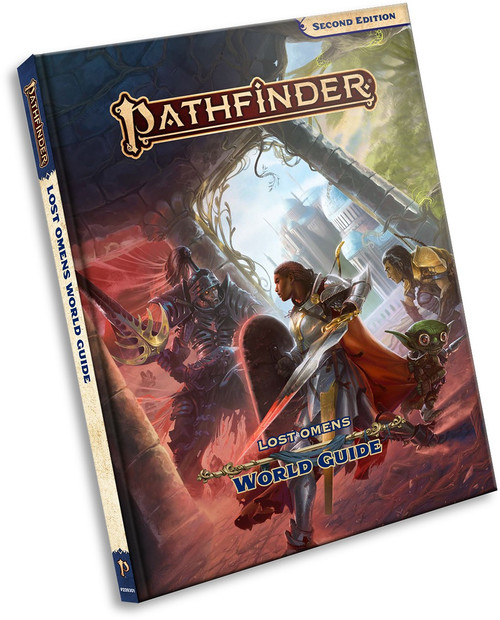 Lost Omens: World Guide–Pathfinder Second Edition front cover of product featuring a knight with a great sword and three fighters 