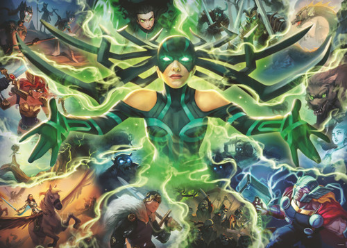 Marvel Villainous: Hela in the center of other fighters