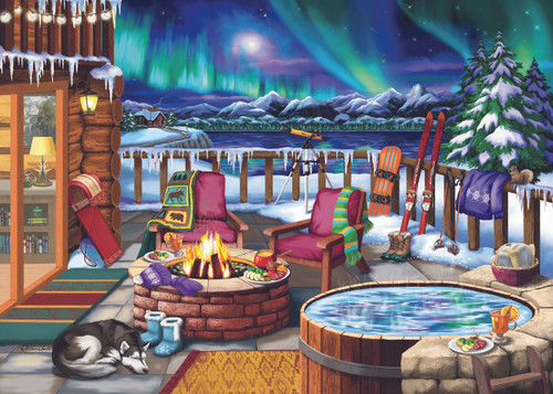 Winter northern lights patio scene