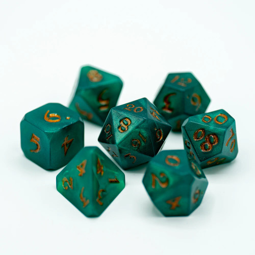 Avalore Enchanted Aria Dice Set- glimmer emerald green with gold numbers 