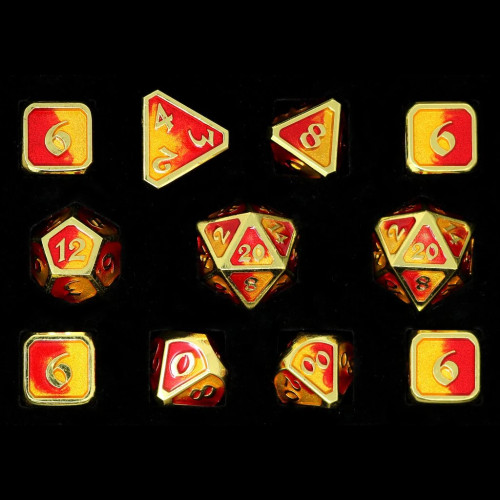 Mythica Spellbinder Phoenix, Metal Dice–Set of 11 ( red/yellow with metallic gold numbers and edges )