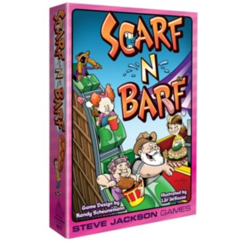 Scarf N Barf - front of pink box with characters in a rollercoaster